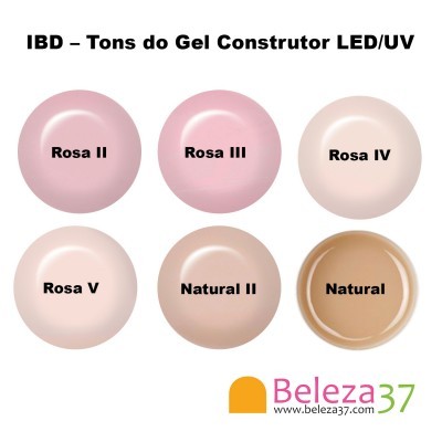 Amostras de gel construtor LED/UV em seis tons de rosa e natural da marca IBD