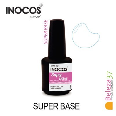 Frasco preto de base de gel para unhas INOCOS Super Base com etiqueta branca e rosa