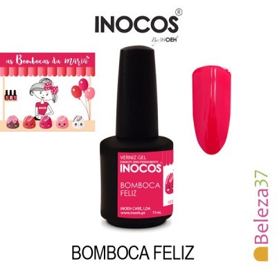 Verniz gel INOCOS BOMBACA FELIZ rosa vibrante com amostra de cor em unha artificial
