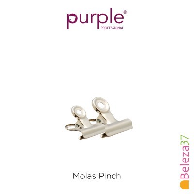 Duas molas pinça metálicas prateadas em fundo branco com texto 'purple PROFESSIONAL' e 'Molas Pinch'