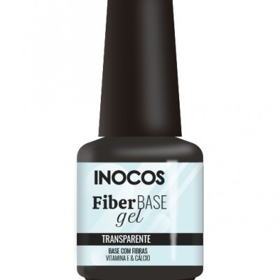 Frasco de verniz em gel transparente da marca INOCOS com tampa preta