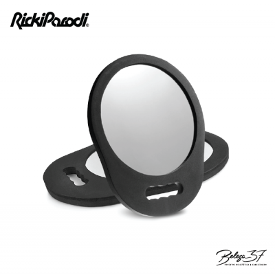 Espelho portátil oval com moldura preta e alça retangular