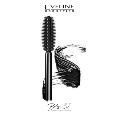Aplicador de máscara de pestanas preto com logotipo EVELINE COSMETICS e traço de máscara pintado.