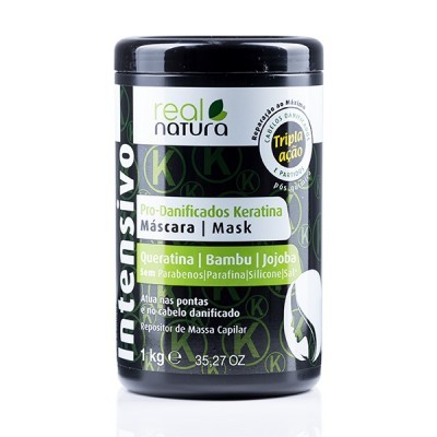 Máscara para cabelo danificado Real Natura embalagem preta e verde