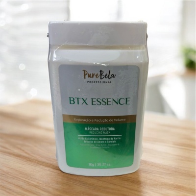 Embalagem branca de máscara redutora BTX ESSENCE PureBela com rótulo verde e branco