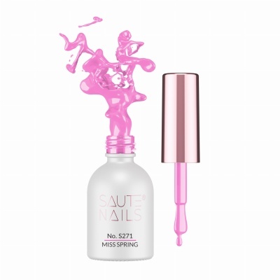 Frasco de verniz de unhas Saut Nails No. S271 MISS SPRING com tampa rosa e verniz rosa escorrendo.