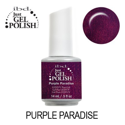 Frasco de verniz gel roxo Purple Paradise da ibd Just GEL POLISH com tampa branca.