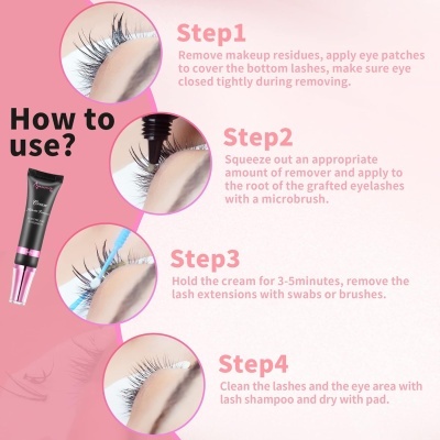 Instruções para remover extensões de pestanas com imagens de olhos e produtos de maquilhagem