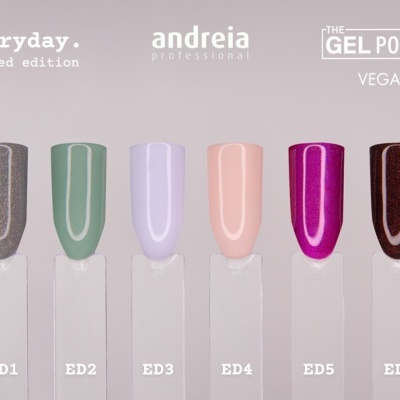 Seis amostras de verniz gel para unhas em diversas cores com rótulos e texto promocional em fundo claro