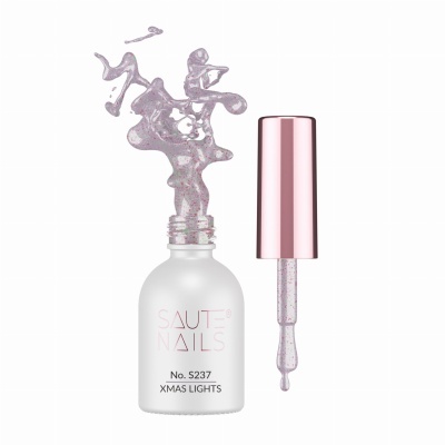 Esmalte de unhas branco com tampa rosa e pincel com esmalte glitter roxo