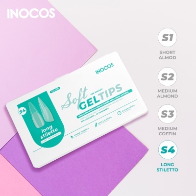 Embalagem de tips de gel para unhas INOCOS Soft GEL TIPS S4 Long Stiletto sobre fundos rosa e roxo.