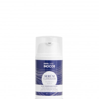Frasco branco de Sérum Clareador DEPILCARE INOCOS com tampa transparente e rótulo azul e branco