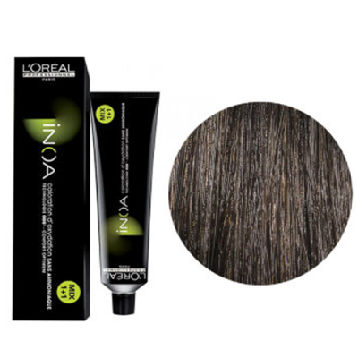 Tubo e caixa pretos de tinta capilar L'Oréal INOA e amostra de cor castanho escuro