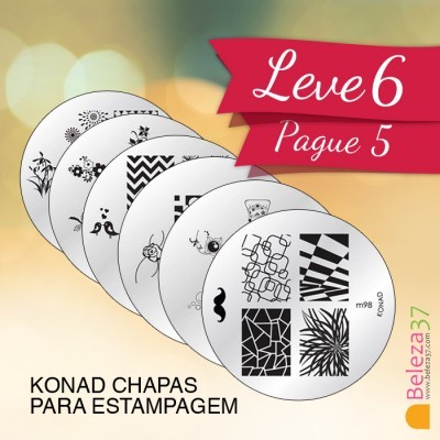 Seis chapas redondas para carimbos de unhas com vários padrões em preto e branco