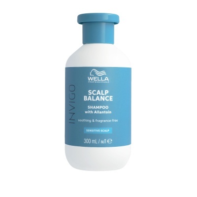 Frasco branco com tampa azul de champô Wella Invigo Scalp Balance