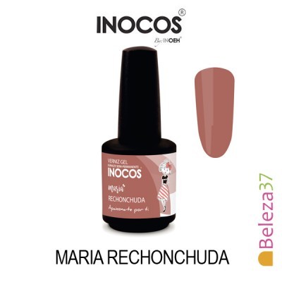Verniz gel Inocos Maria Rechonchuda com rótulo rosa e amostra da cor