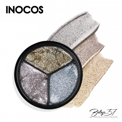 Paleta de sombra de olhos metálica Inocos com três cores brilhantes.