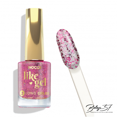 Verniz para unhas rosa glitter INOCOS like gel com tampa dourada e amostra da cor