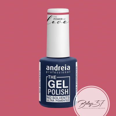 Frasco de verniz gel azul escuro com tampa branca e texto em português sobre fundo rosa