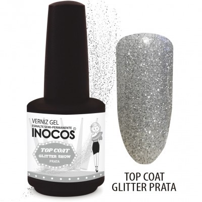 Verniz gel Inocos Top Coat Glitter Show prata com amostra glitter