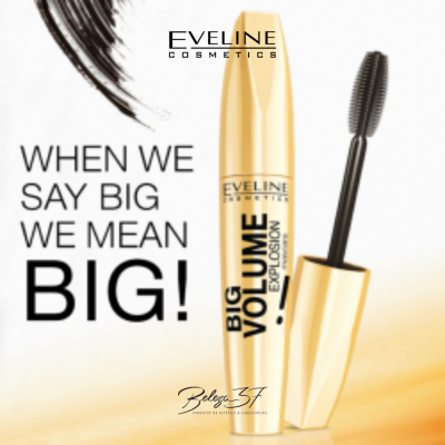 Máscara de pestanas dourada Eveline Cosmetics com texto promocional.