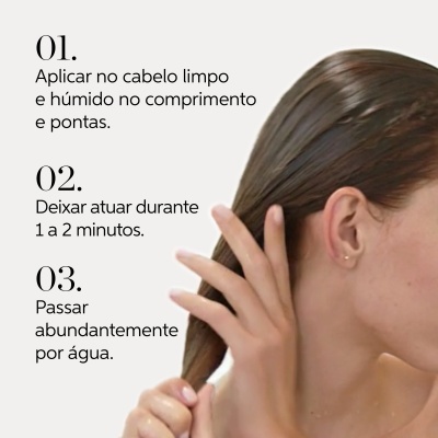 Instruções para aplicação de produto capilar e mulher a tocar no cabelo castanho liso