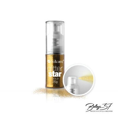 Frasco transparente com glitter dourado e texto Silcare glitter star GOLD 25g