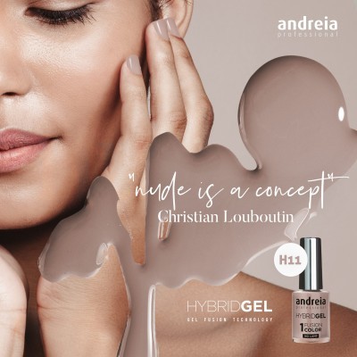 Verniz gel Andreia Professional cor nude H11 com modelo mostrando unhas pintadas e mancha de verniz no fundo