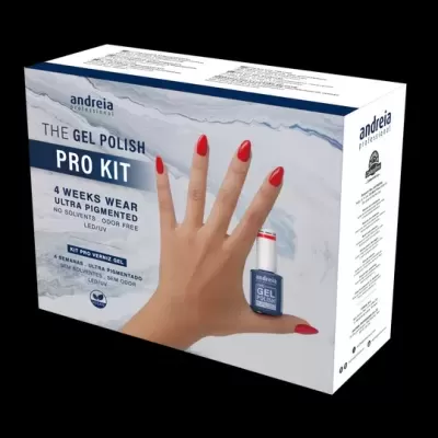 Caixa de kit de verniz gel Andreia Professional com imagem de mão com unhas vermelhas e frasco azul