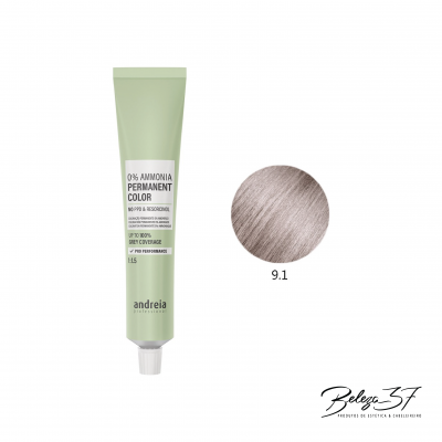 Tubo verde claro de coloração permanente para cabelo da marca andreia e amostra de cor 9.1 cinza claro prateado