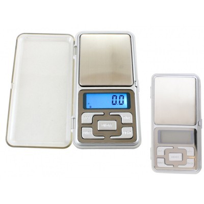 Balança digital portátil com visor azul e tampa transparente