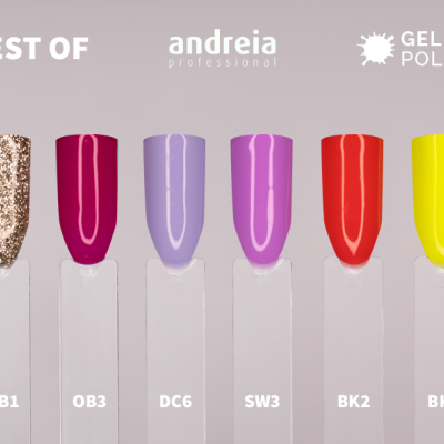 Seis amostras de verniz gel colorido com códigos, mostrando várias cores do dourado glitter ao amarelo.