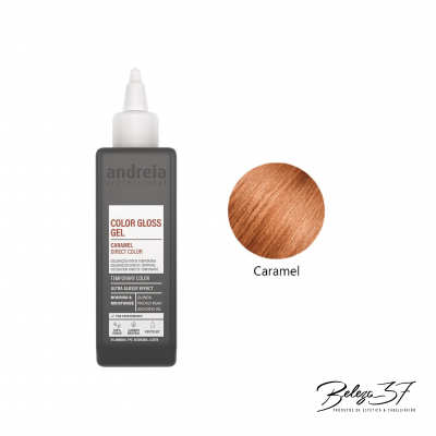 Frasco de gel colorante para cabelo Andreia Professional na cor Caramel com amostra da cor caramelo