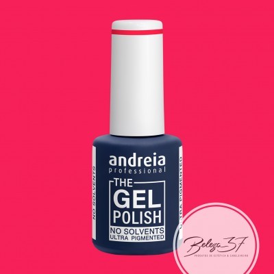 Frasco de verniz de gel azul escuro da marca andreia professional num fundo rosa