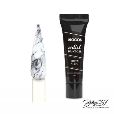 Tubo preto de gel de pintura de unhas e amostra de unha com efeito mármore cinzento e branco