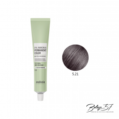 Tubo de tinta de cabelo andreia cor 5.21 com amostra da cor castanho acinzentado.