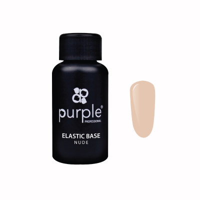 Frasco preto de verniz para unhas Purple Elastic Base Nude e amostra da cor