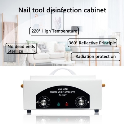 Cabine desinfeção ferramentas unhas branca com botões e luzes em sala clara