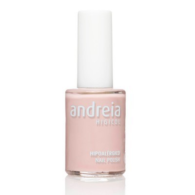 Frasco de verniz de unhas rosa nude da marca Andreia com tampa branca