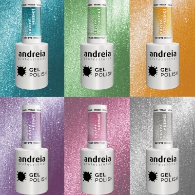 Seis frascos de verniz gel de várias cores com rótulo Andreia Professional e efeito cat eye
