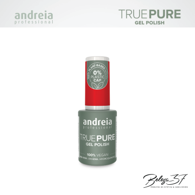 Frasco de verniz gel verde acinzentado com tampa vermelha da marca andreia professional TRUE PURE