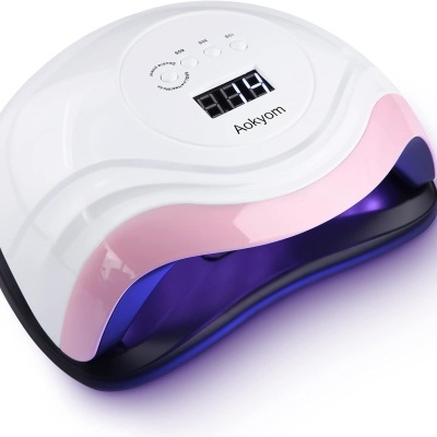 Secador de unhas UV LED branco e rosa com visor digital e botões no topo