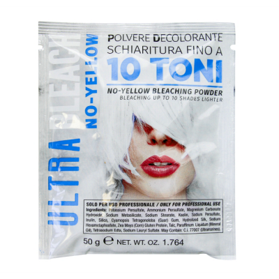 Pacote de pó descolorante para cabelo ULTRA BLEACH com texto e imagem de rosto de mulher