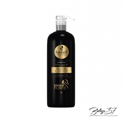 Frasco preto de shampoo Haskell Cavalo Forte com tampa branca e texto dourado