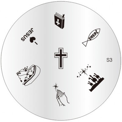 Disco circular branco com ícones religiosos pretos