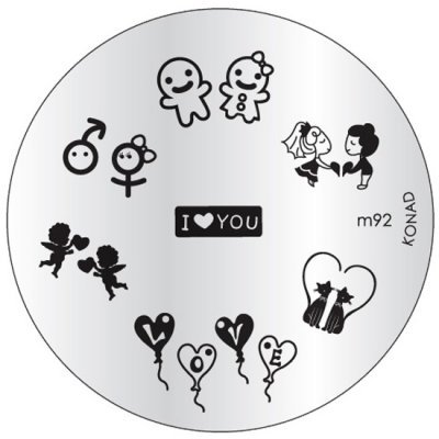 Placa metálica circular para carimbos de unhas com desenhos em preto variados e texto I ♥ YOU