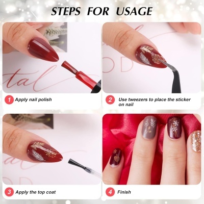 Passos para aplicação de decoração de unhas com verniz e autocolantes de folhas