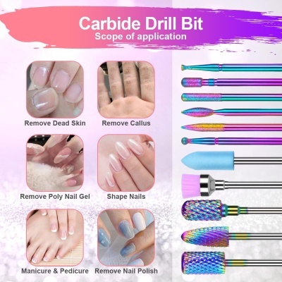 Kit de brocas de carboneto coloridas para cuidado de unhas com várias formas e aplicações.