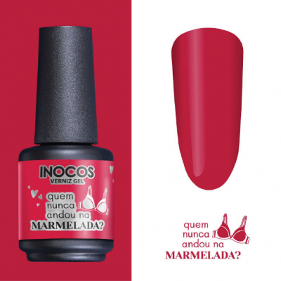 Frasco de verniz gel vermelho Inocos e amostra da cor