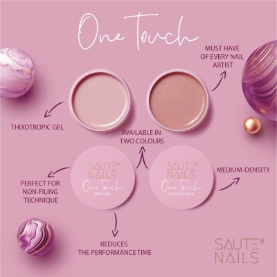 Produto de gel para unhas SAUTE NAILS em duas cores com texto promocional adicionado sobre fundo rosa